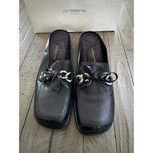 NIB LIZ CLAIBORNE Black Leather Closed Toe Mules Slip Ons Size 9.5